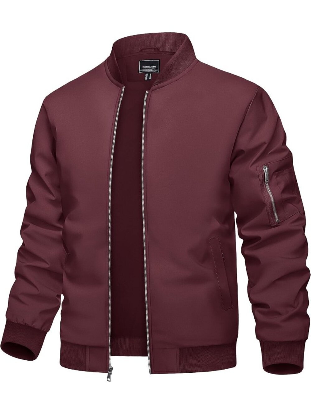 Men's Wine Polyester Full Zipper Stand Collar Pockets Windbreaker Bomber Jacket